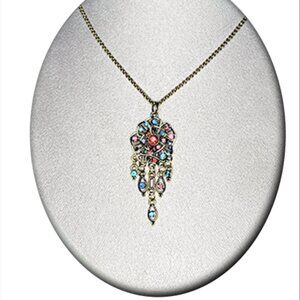 Vintage Style Floral Pendant with Multicolored Crystals and Dangling Adornments